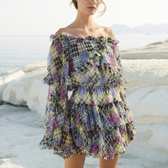 Caroline Constas Dahlia Off-the-Shoulder Ruffled Printed Metallic Dress Silk - Picture 1 of 13